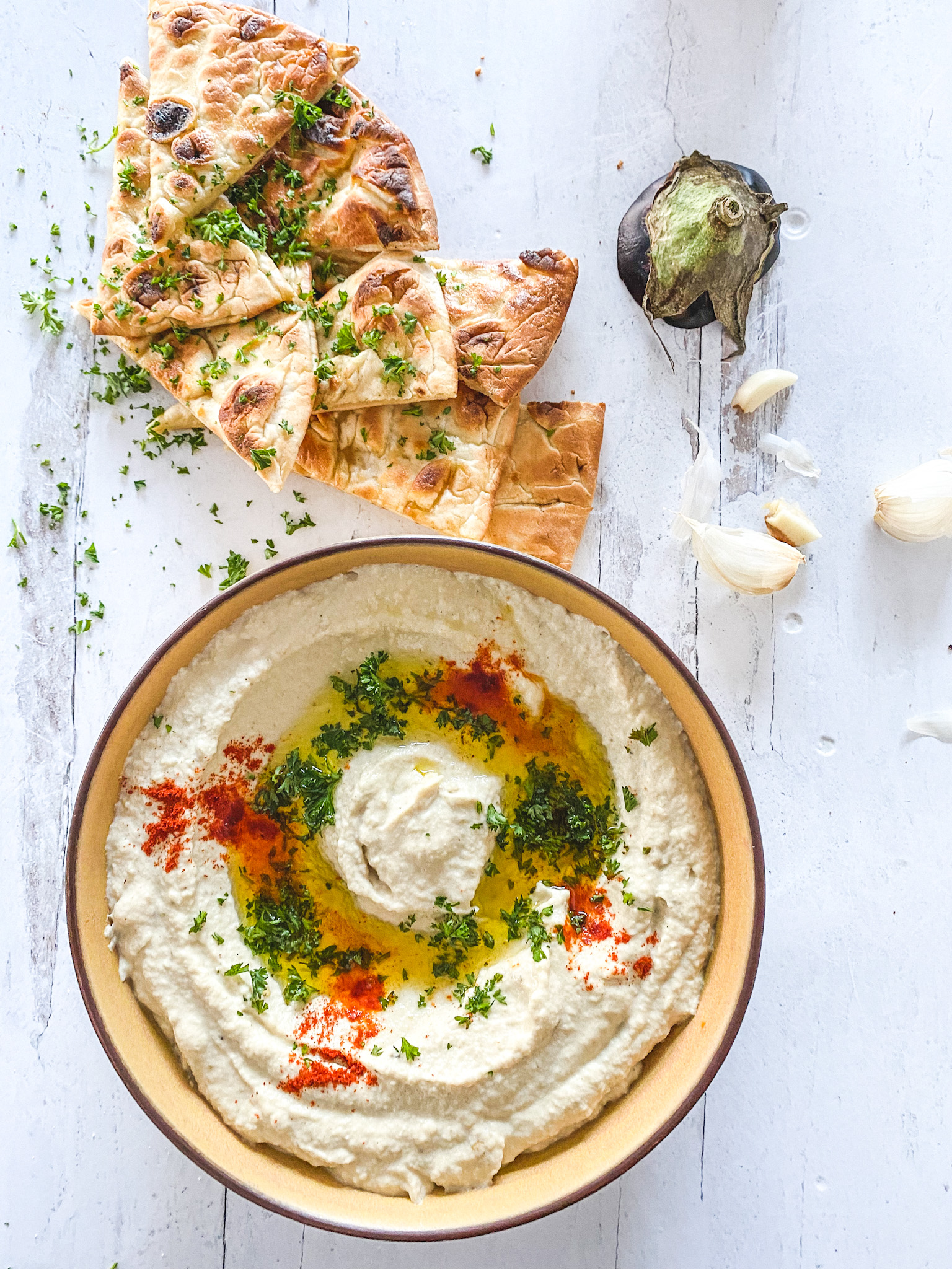 Baba Ganoush with Toasted Garlic-Herb Pitas